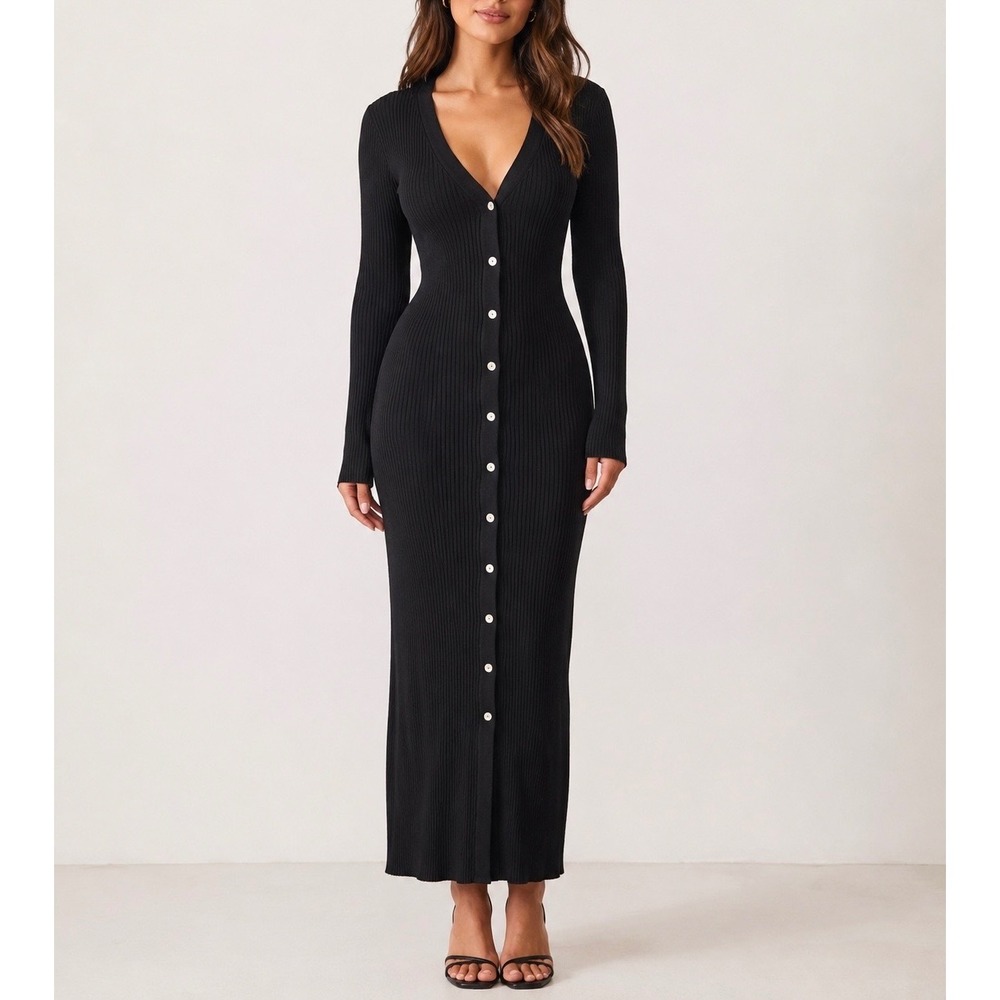 EVEREVE Sweater Dress Ribbed Knit Button Down Bodycon‎ Black Small